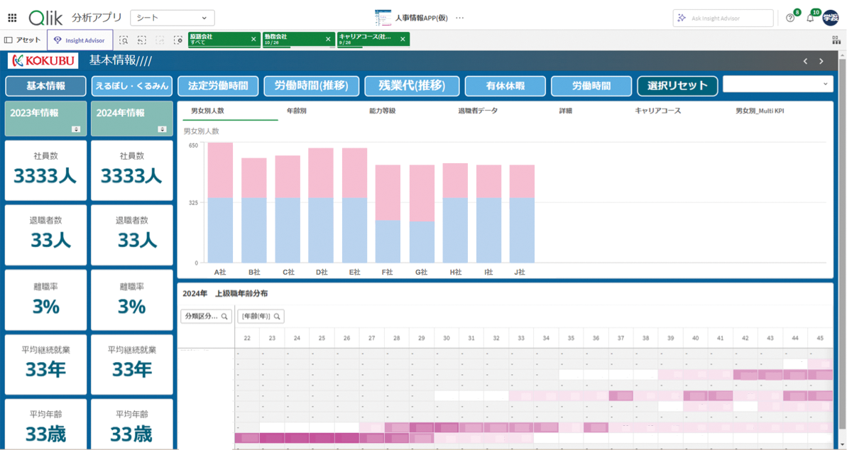 Qlik分析アプリ　人的資本経営関連データダッシュボード基本情報画面のキャプチャ画像