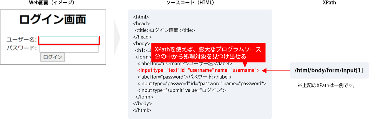 XPathを使ってユーザー名の入力フォームを指定する例