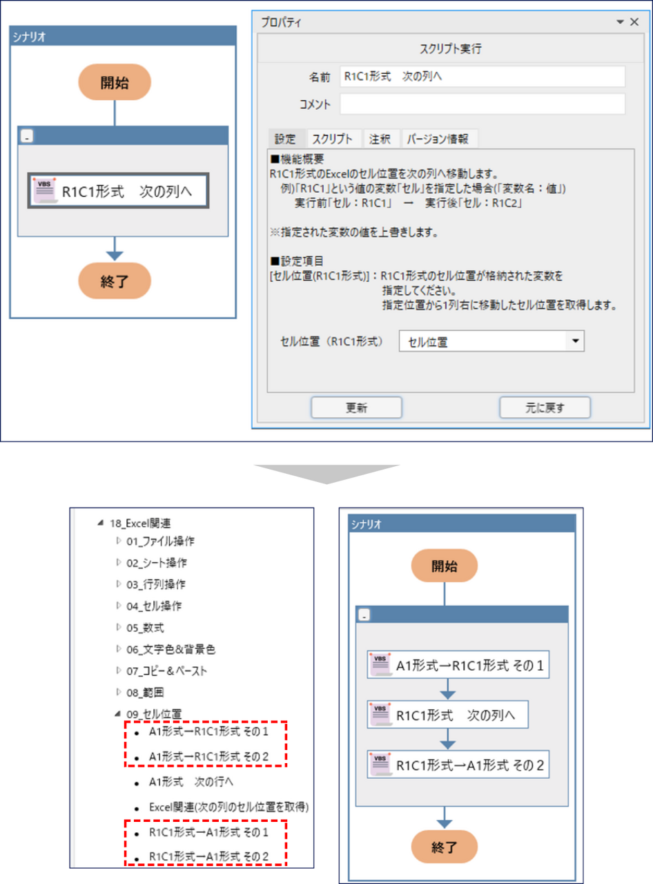 例：「次の列へ」の機能を使いたいけれど「R1C1形式」にしか対応していない場合